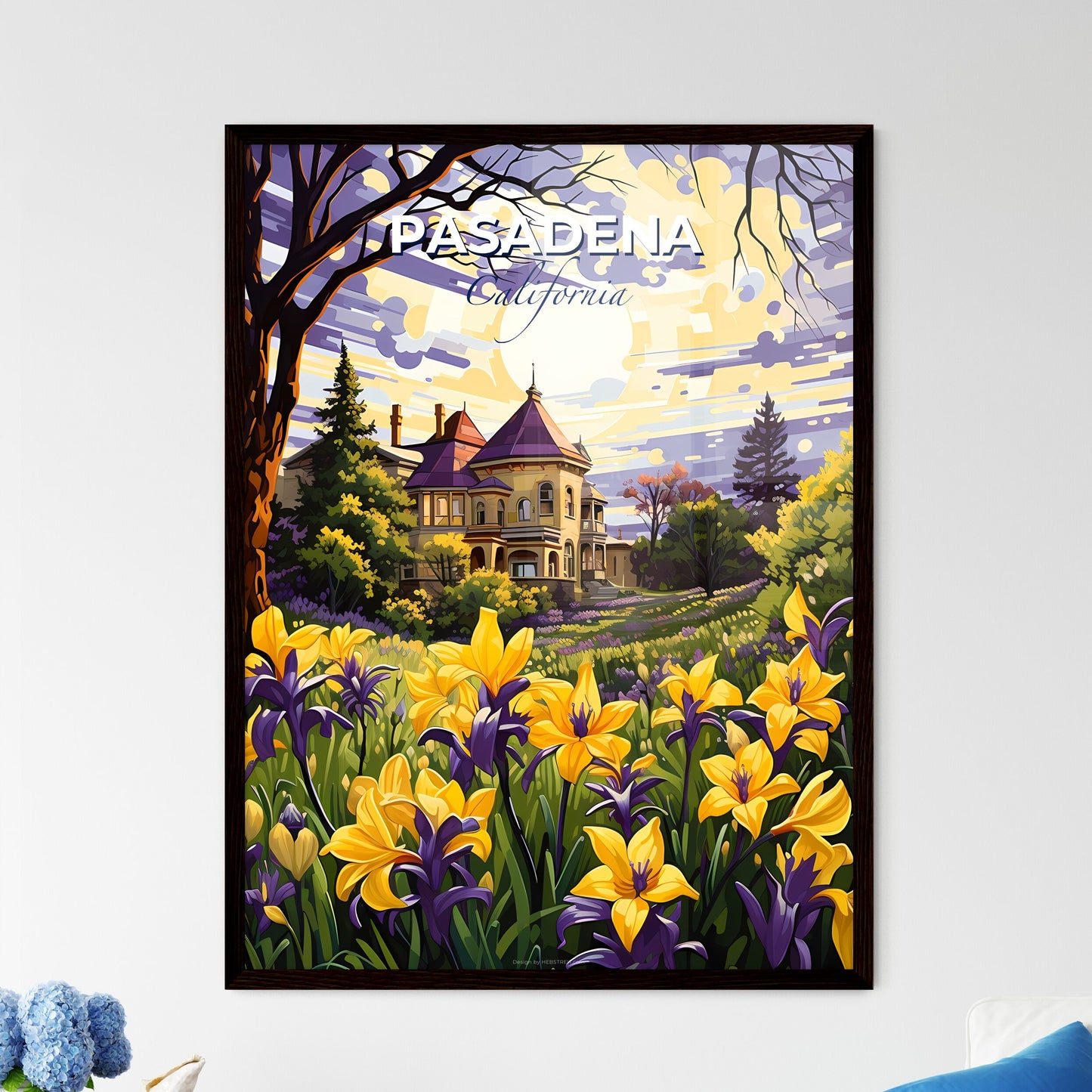 Pasadena, California, A Poster of a painting of a house with yellow flowers Default Title