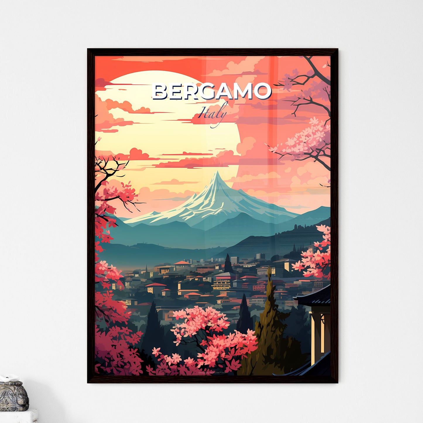 Bergamo, Italy, A Poster of a mountain with a city and trees Default Title
