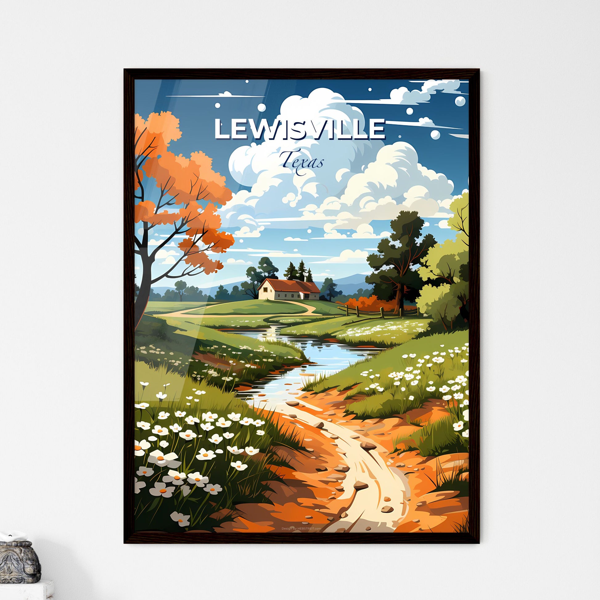 Lewisville, Texas, A Poster of a stream running through a grassy field with trees and a house Default Title