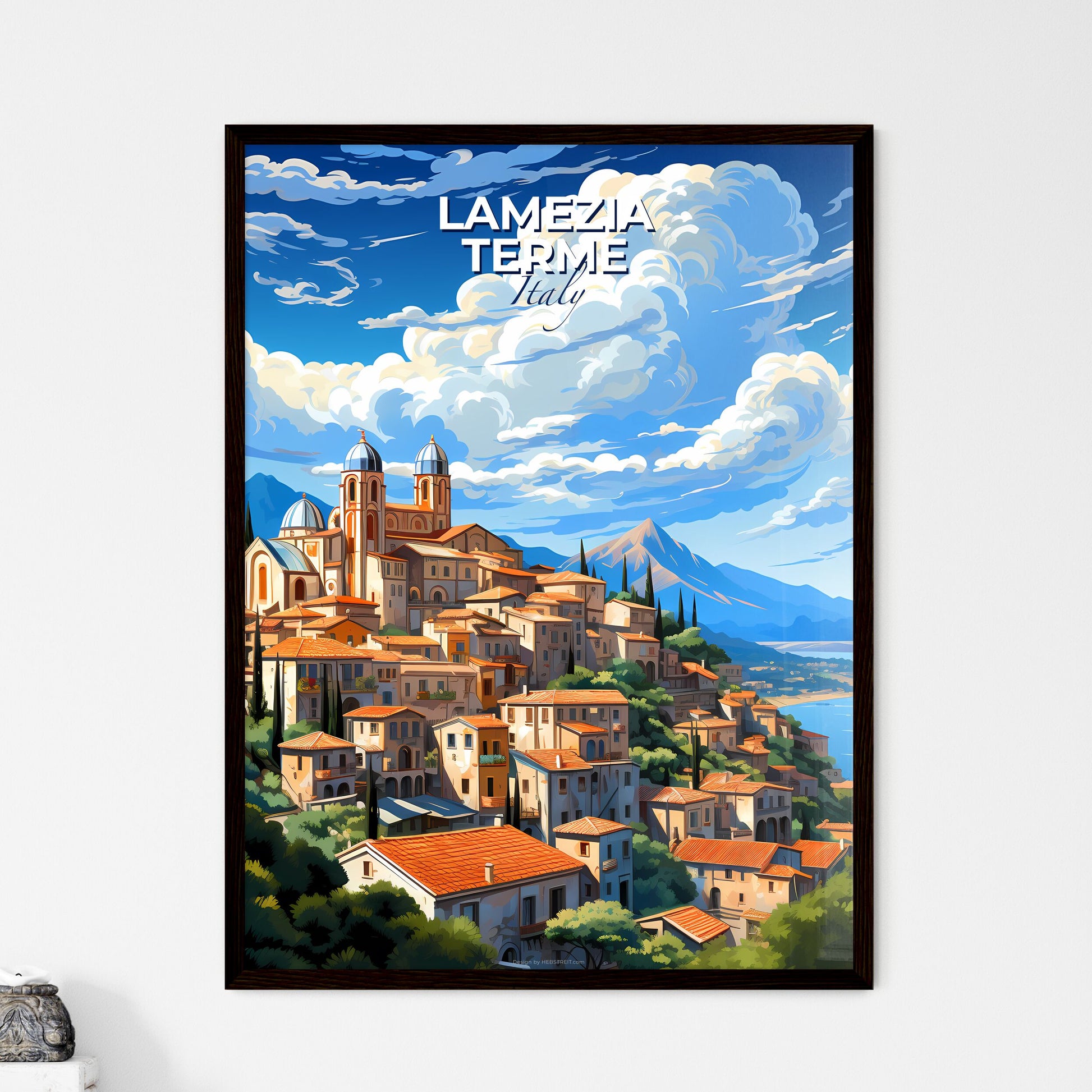 Lamezia Terme, Italy, A Poster of a painting of a town on a hill with trees and mountains Default Title