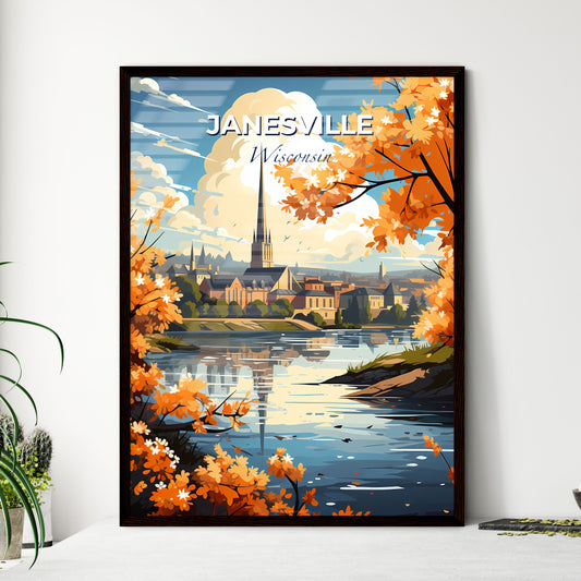 Janesville, Wisconsin, A Poster of a painting of a city with a church and a river Default Title