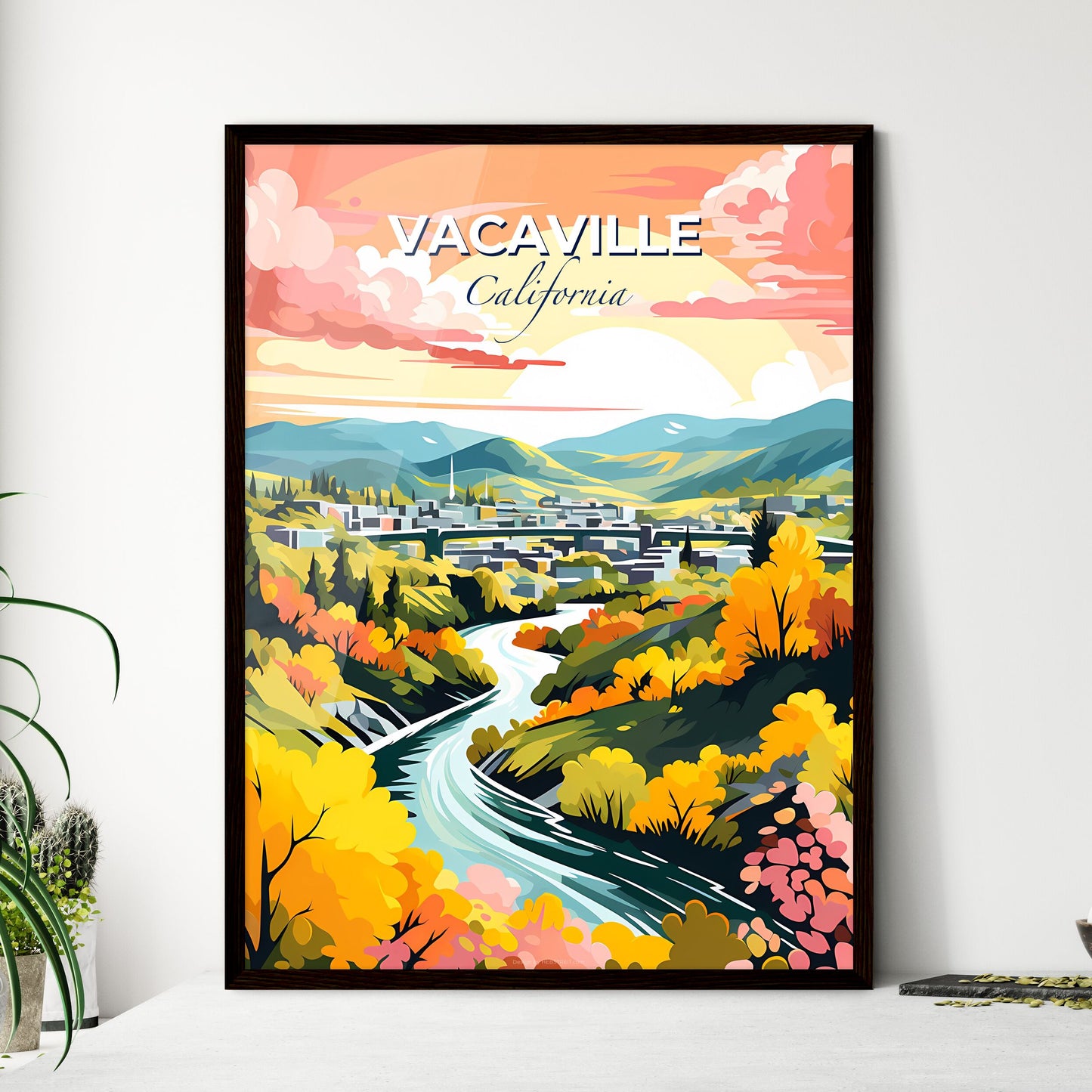 Vacaville, California, A Poster of a river running through a valley with trees and buildings Default Title