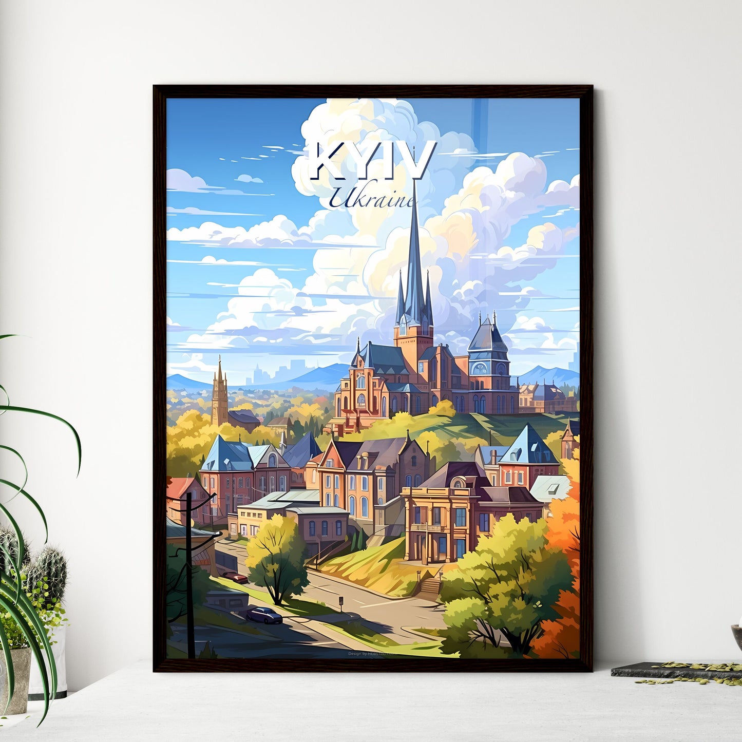 Kyiv, Ukraine, A Poster of a colorful landscape of a town with a church and trees Default Title