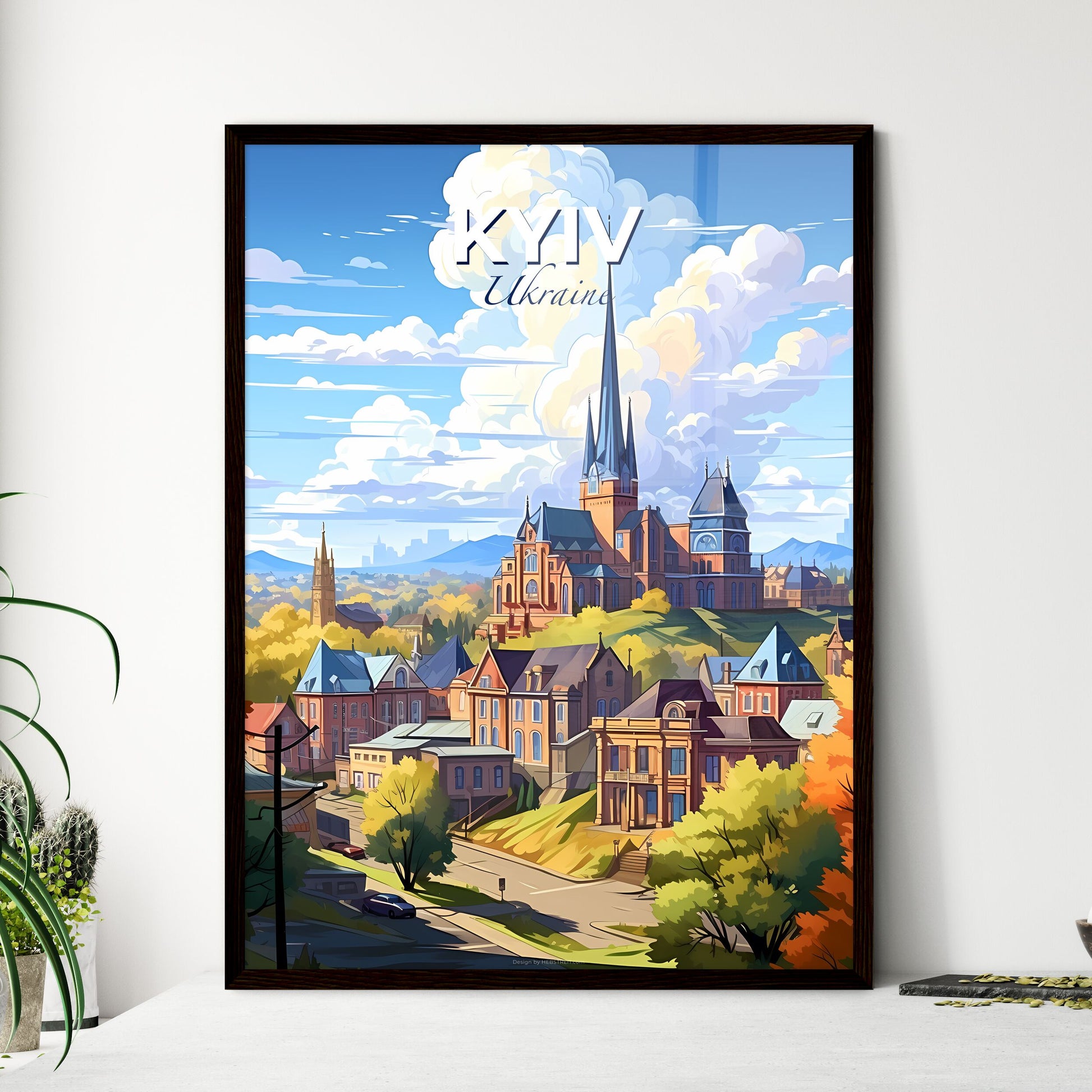 Kyiv, Ukraine, A Poster of a colorful landscape of a town with a church and trees Default Title
