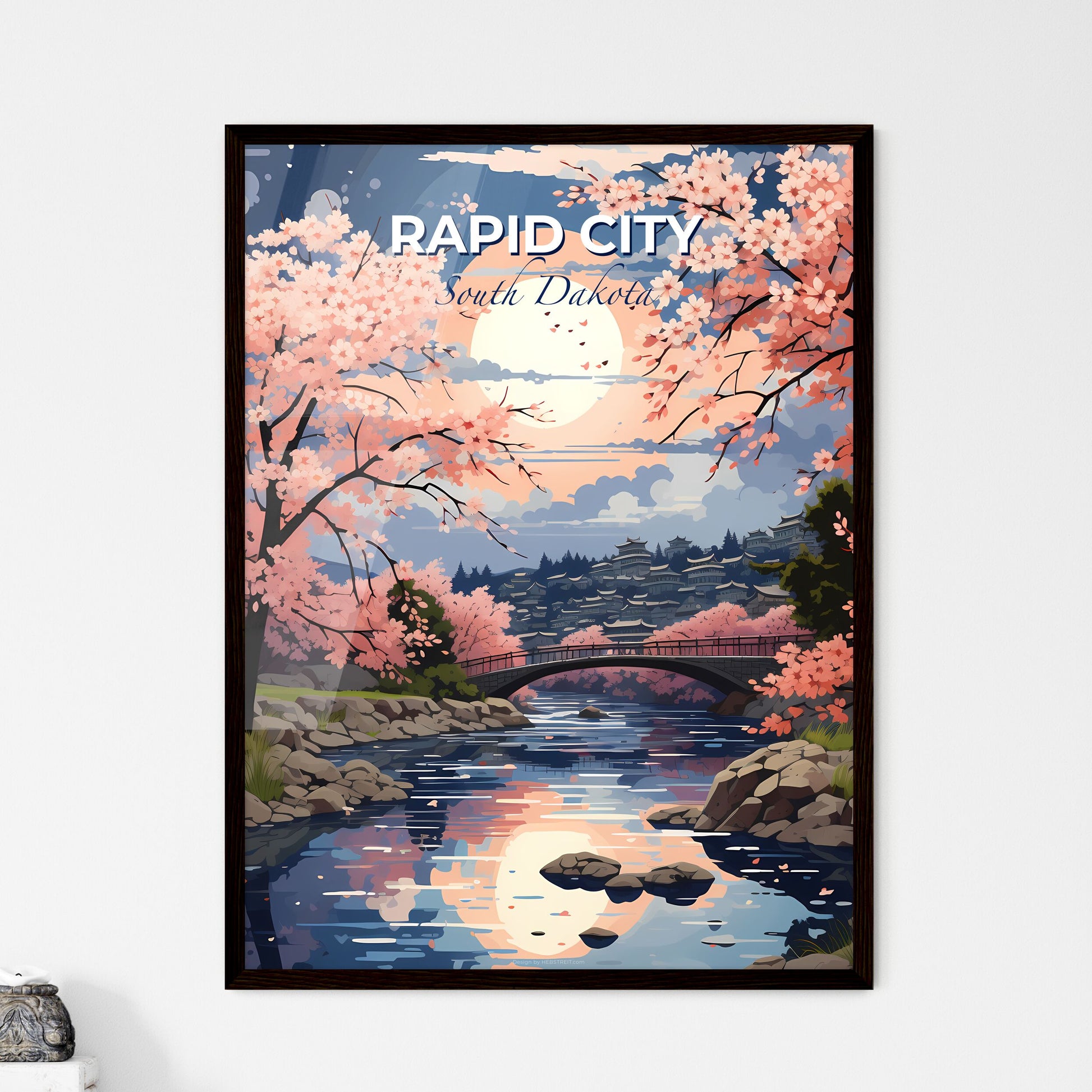 Rapid City, South Dakota, A Poster of a river with pink trees and a bridge over it Default Title