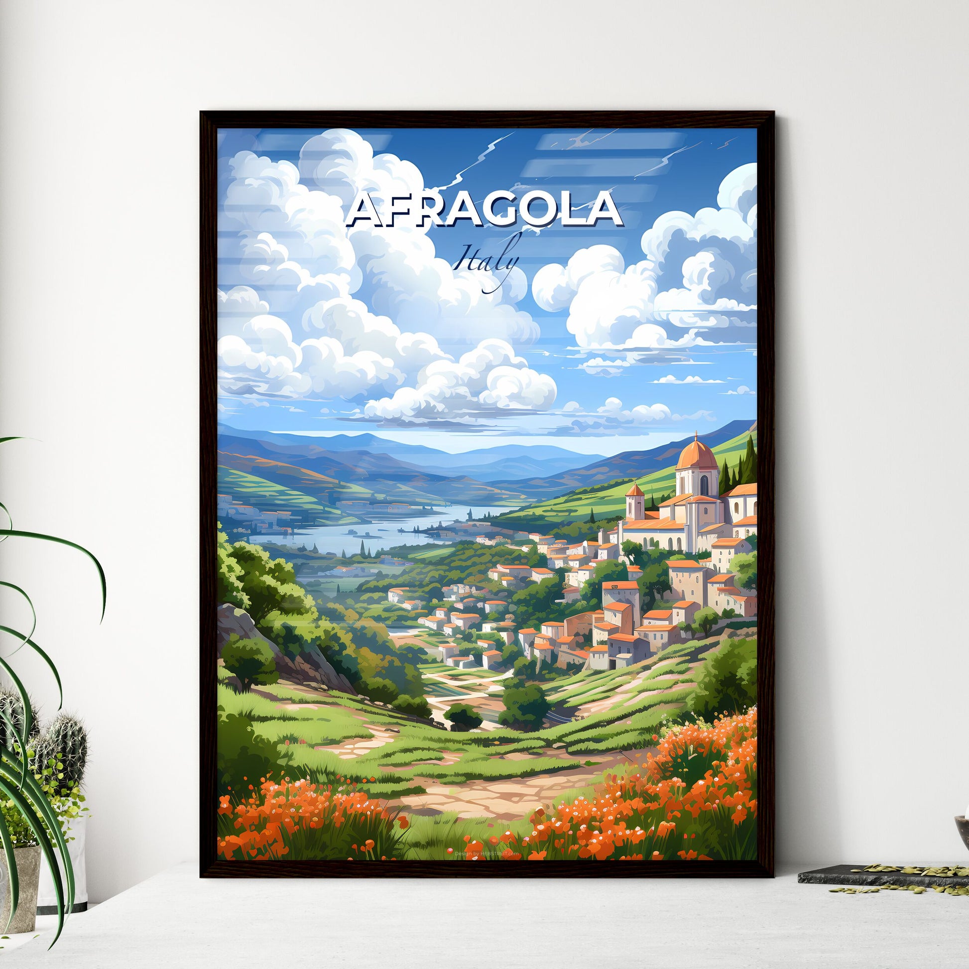 Afragola, Italy, A Poster of a landscape of a town with a river and mountains Default Title