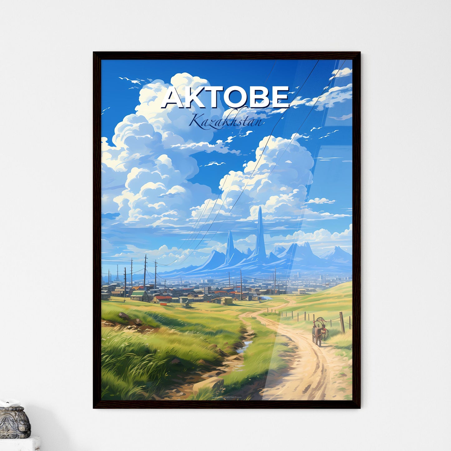 Aktobe, Kazakhstan, A Poster of a landscape with a horse drawn carriage and a city in the background Default Title