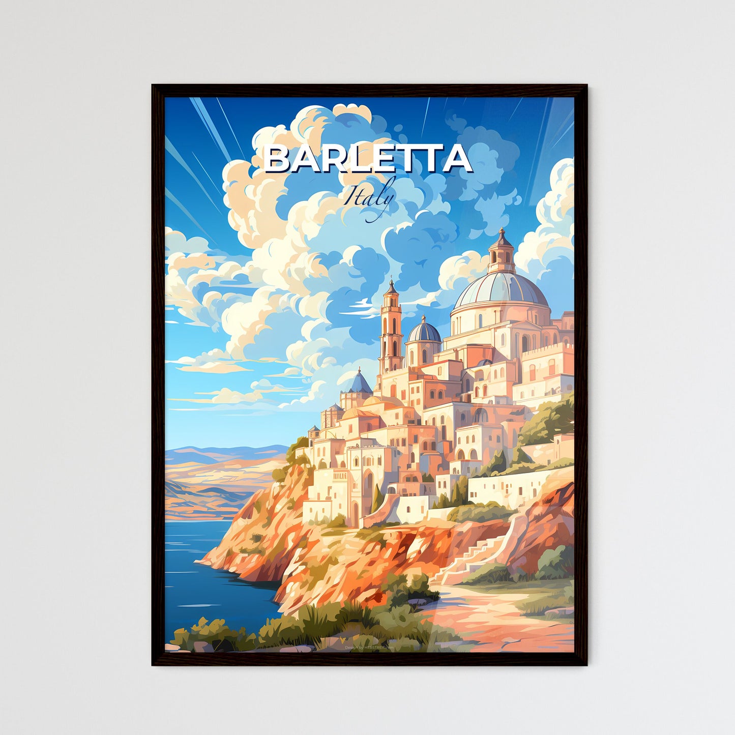 Barletta, Italy, A Poster of a painting of a city on a hill with a body of water and clouds Default Title