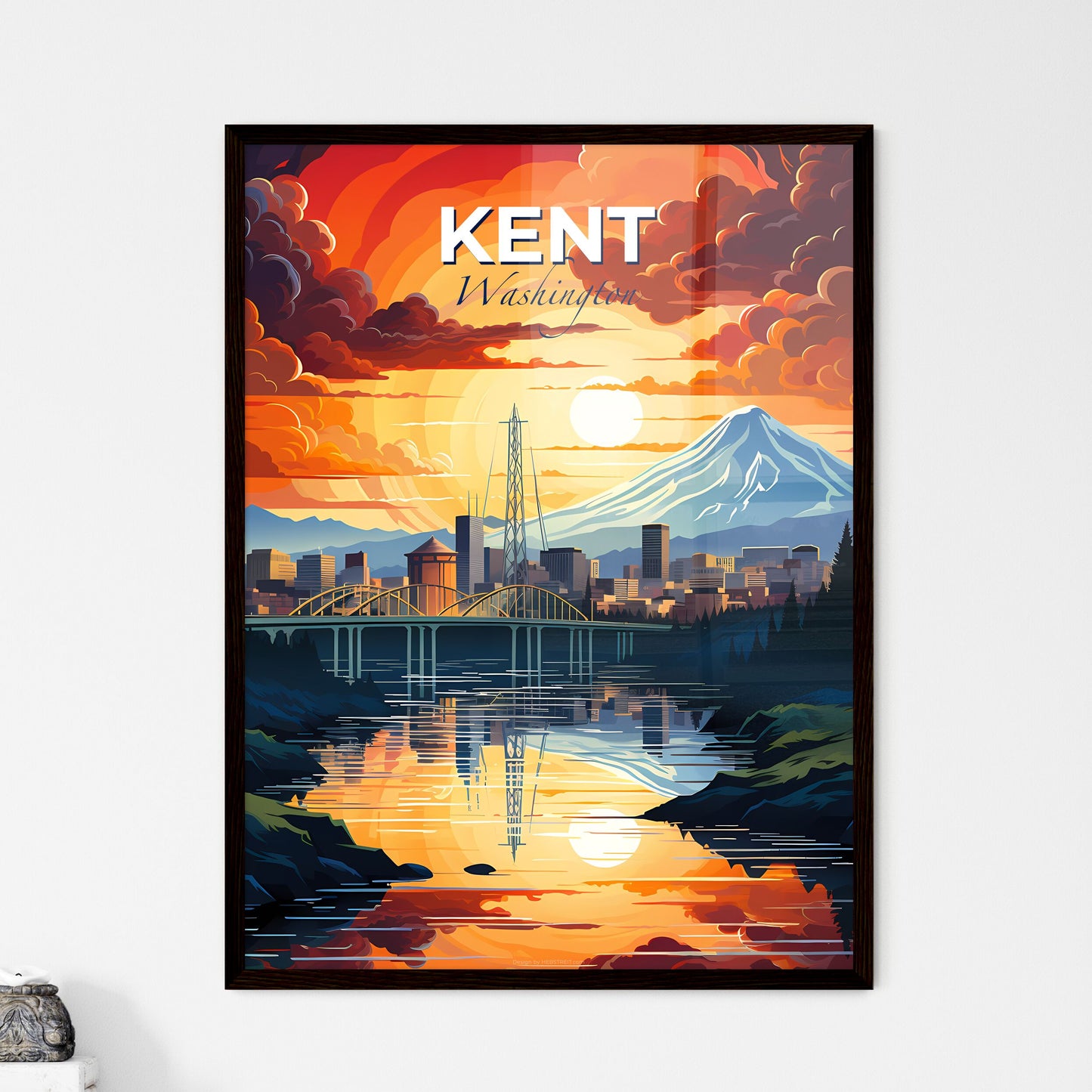 Kent, Washington, A Poster of a sunset over a river with a bridge and a mountain in the background Default Title