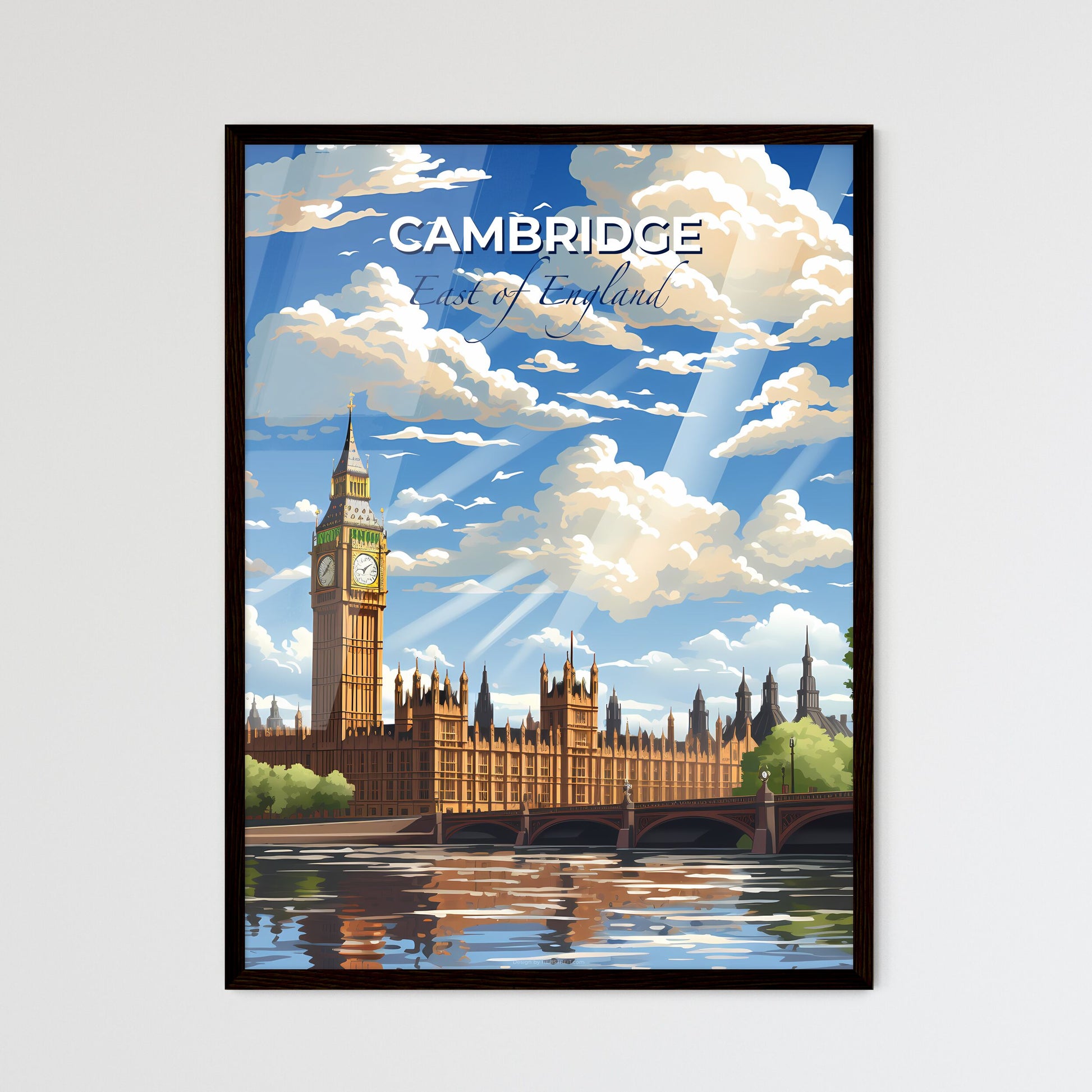 Cambridge, East of England, A Poster of a clock tower in front of a building with trees and a bridge Default Title