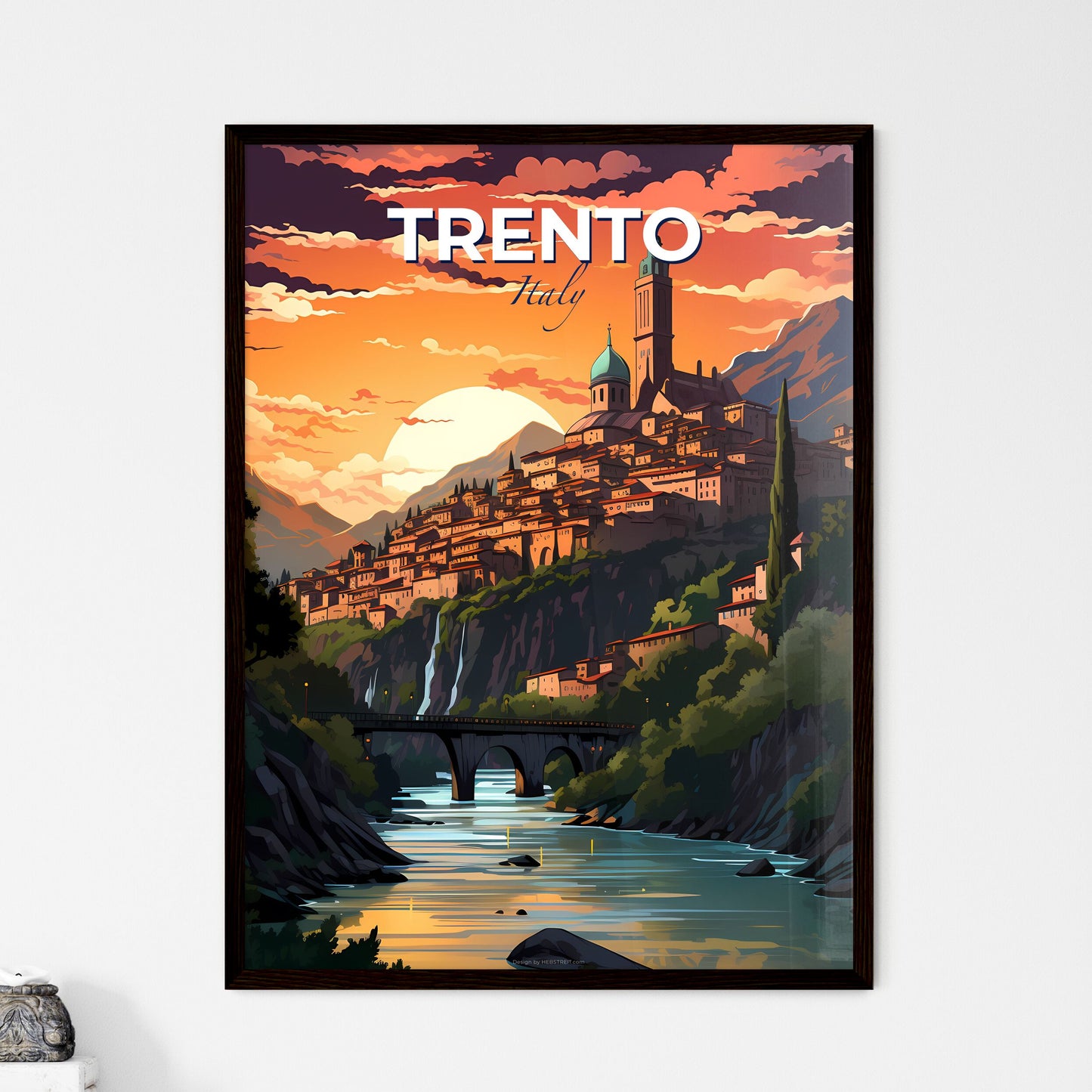 Trento, Italy, A Poster of a city on a hill with a bridge and a river Default Title