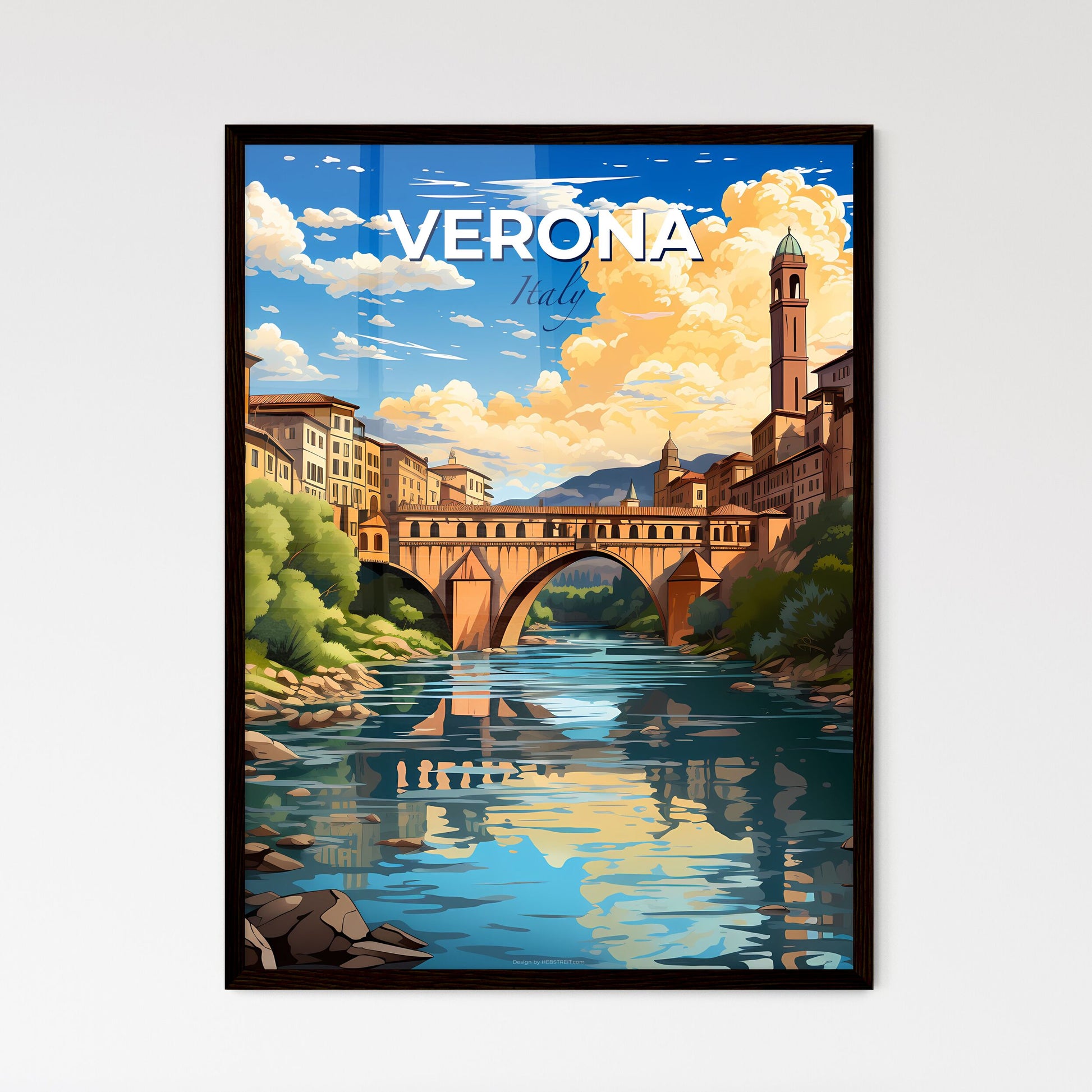 Verona, Italy, A Poster of a bridge over a river with trees and buildings Default Title