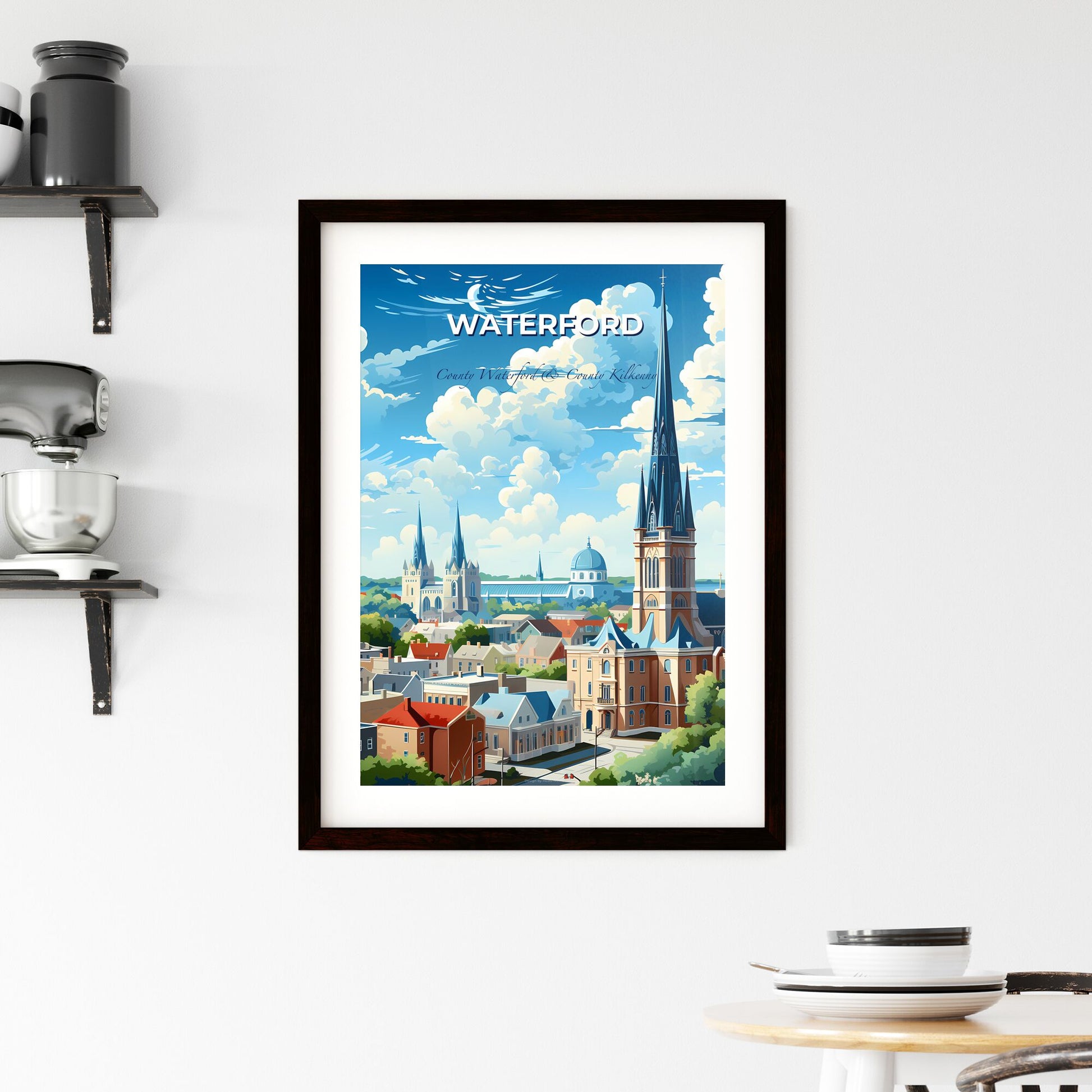 Waterford, County Waterford & County Kilkenny, A Poster of a city with a tall tower and buildings Default Title