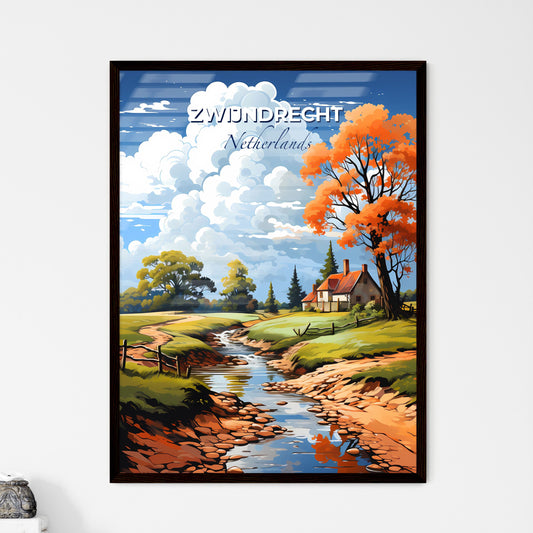 Zwijndrecht, Netherlands, A Poster of a stream running through a grassy field with a house and trees Default Title