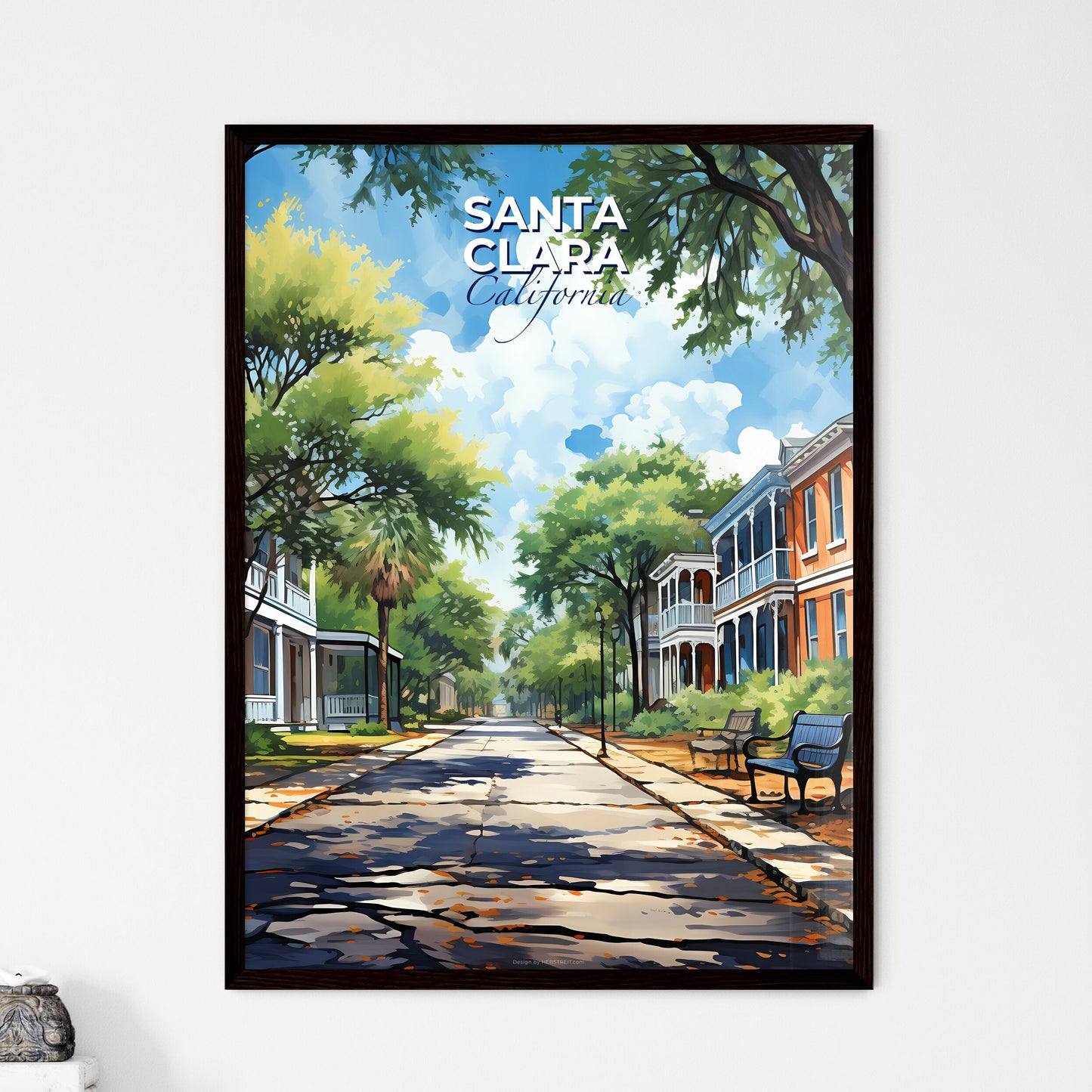 Santa Clara, California, A Poster of a street with benches and trees Default Title