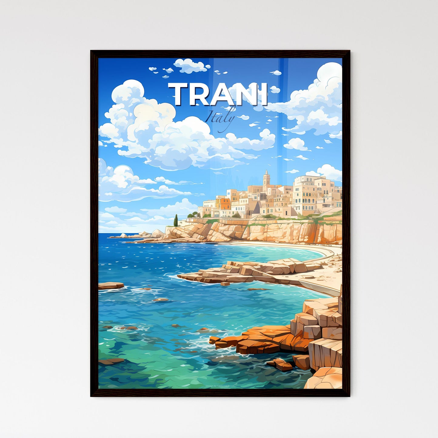 Trani, Italy, A Poster of a beach with buildings and rocks Default Title