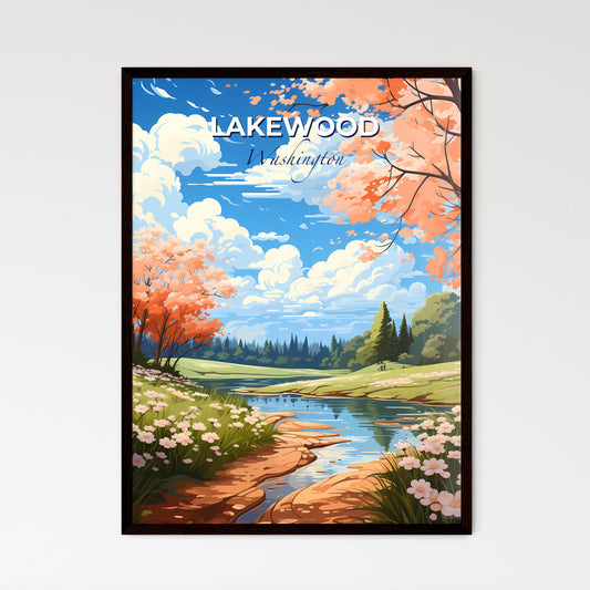 Lakewood, Washington, A Poster of a river running through a grassy field with flowers and trees Default Title