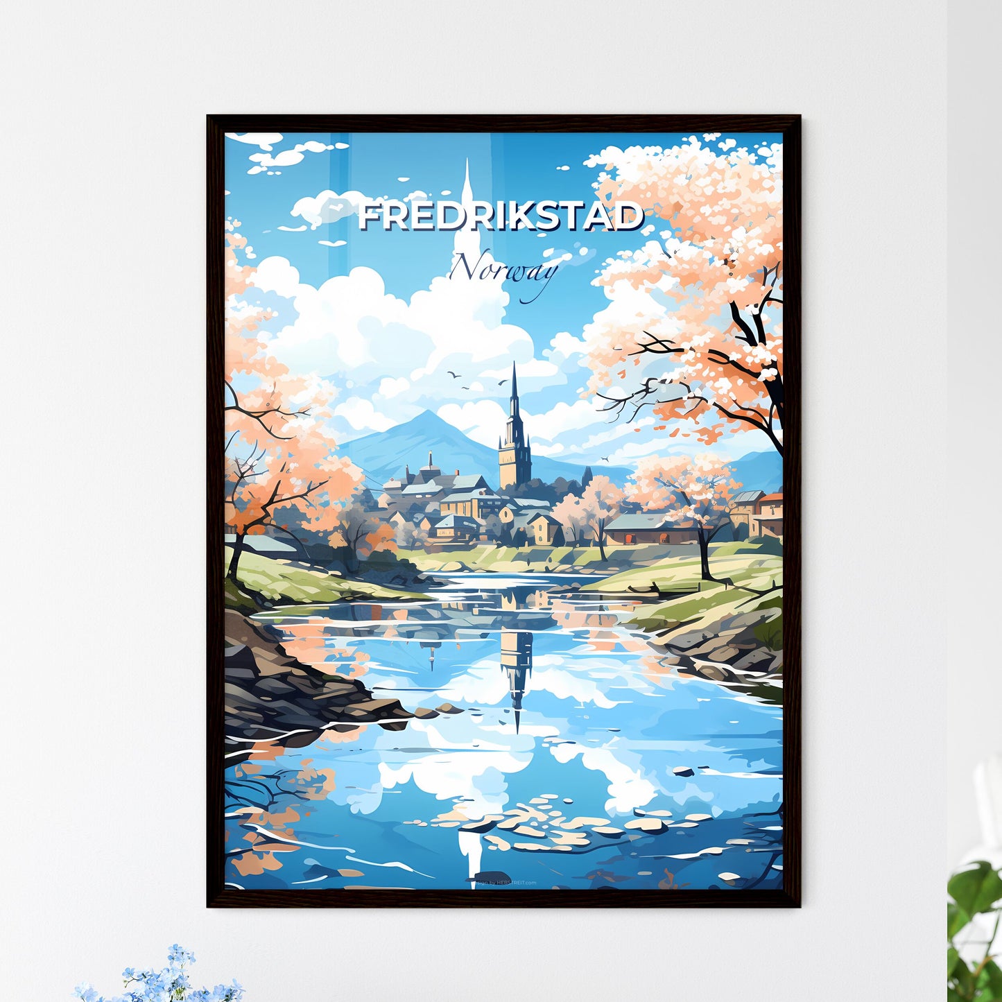 Fredrikstad, Norway, A Poster of a river with trees and a church in the background Default Title