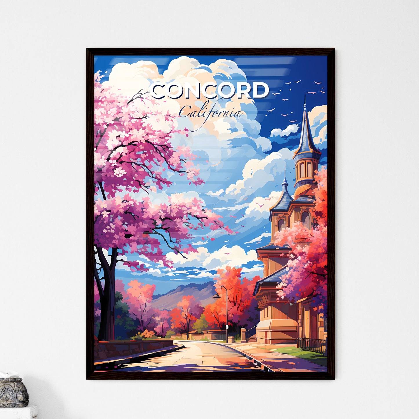 Concord, California, A Poster of a church with pink trees and blue sky Default Title