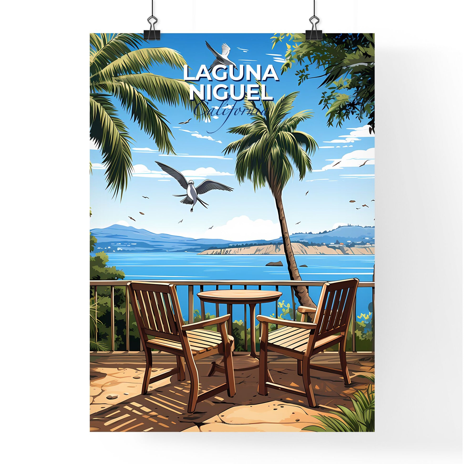 Laguna Niguel, California, A Poster of a deck with chairs and table and a bird flying over the water Default Title