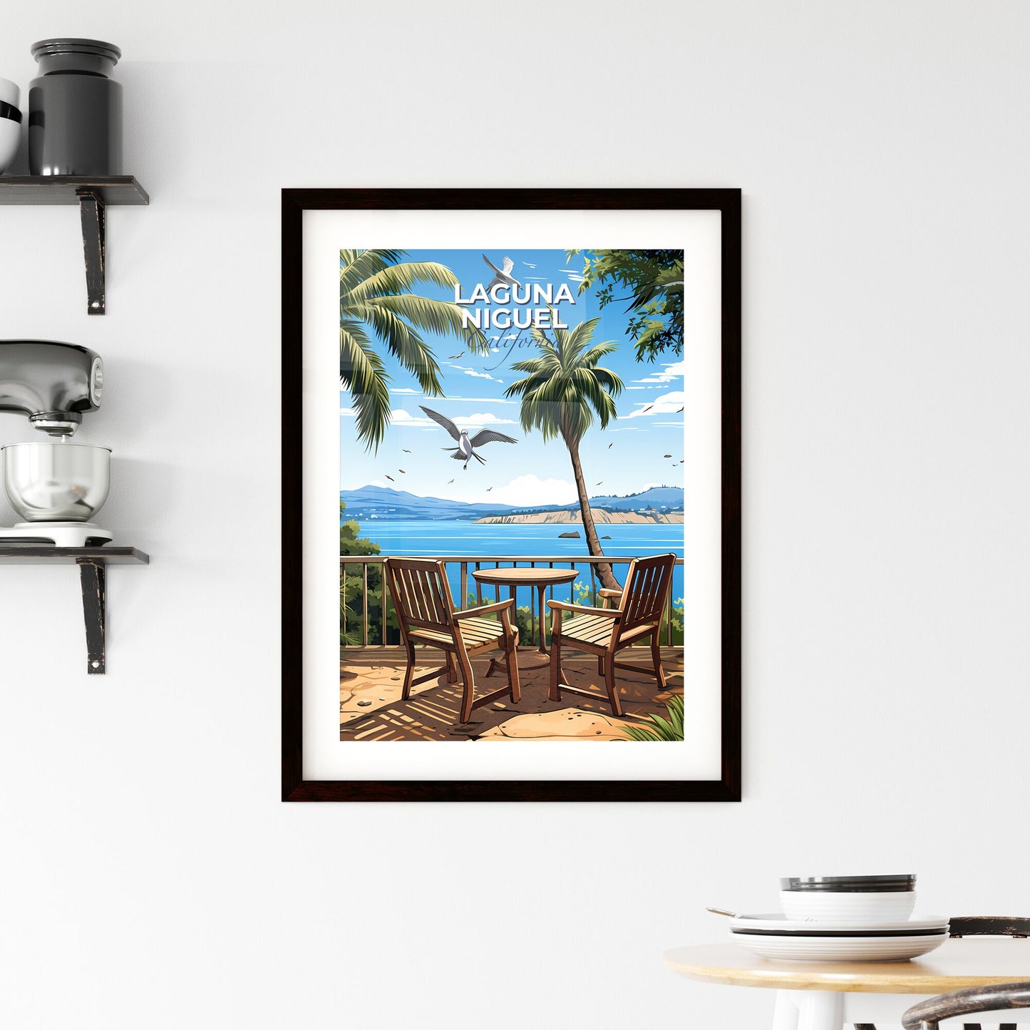 Laguna Niguel, California, A Poster of a deck with chairs and table and a bird flying over the water Default Title