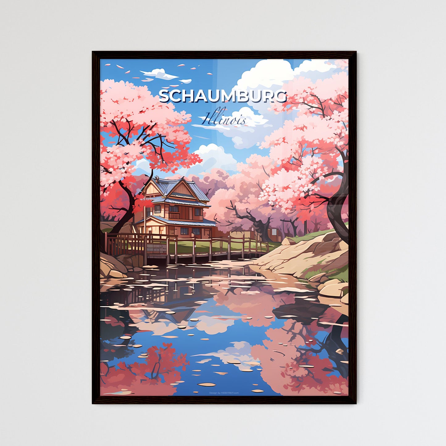 Schaumburg, Illinois, A Poster of a house with a bridge over a river with pink trees Default Title