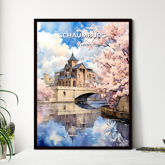 Schaumburg, Illinois, A Poster of a watercolor painting of a castle with a bridge and pink flowers Default Title
