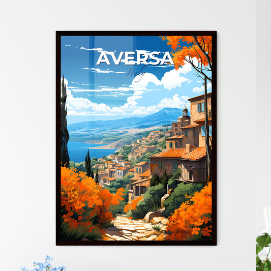 Aversa, Italy, A Poster of a landscape of a town with orange trees and mountains Default Title