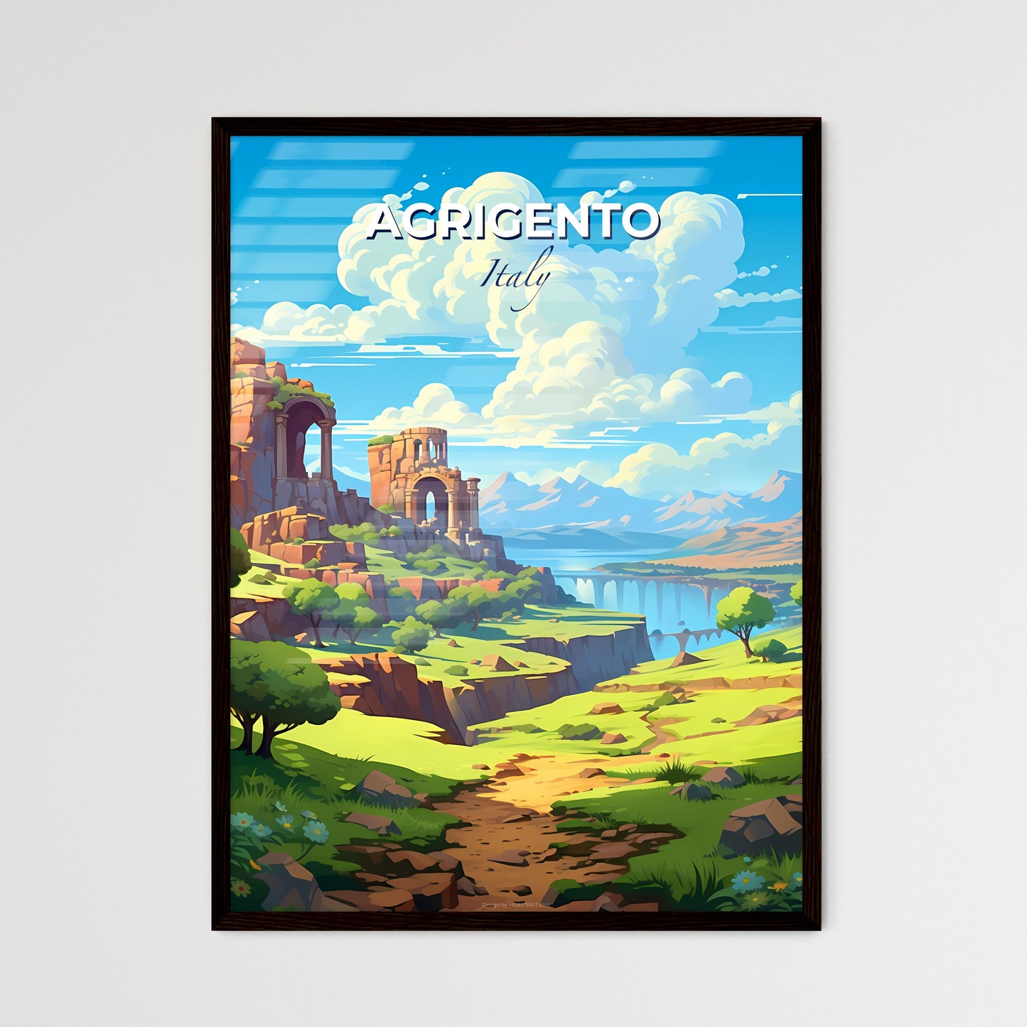 Agrigento, Italy, A Poster of a landscape with a river and a stone building Default Title