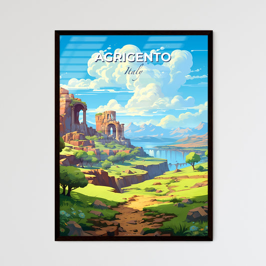 Agrigento, Italy, A Poster of a landscape with a river and a stone building Default Title