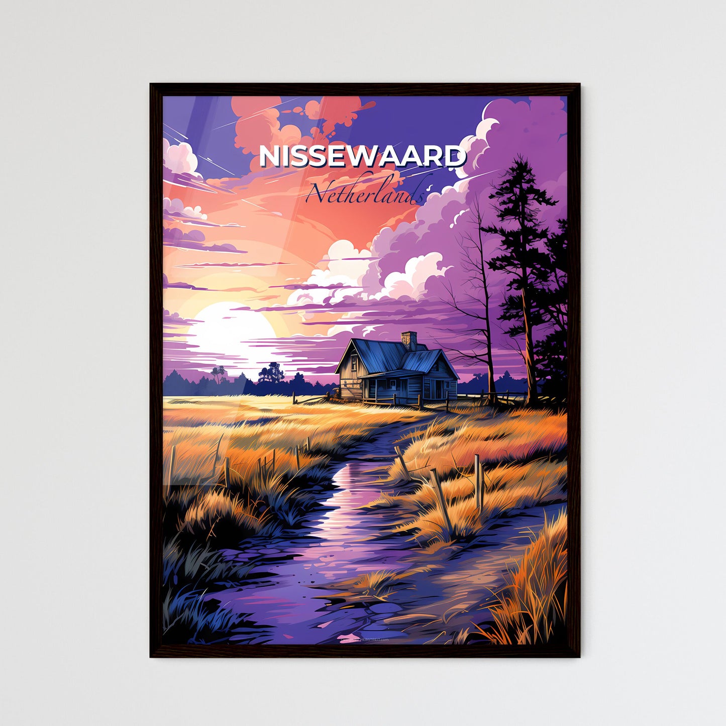 Nissewaard, Netherlands, A Poster of a house in a field with a stream and trees Default Title