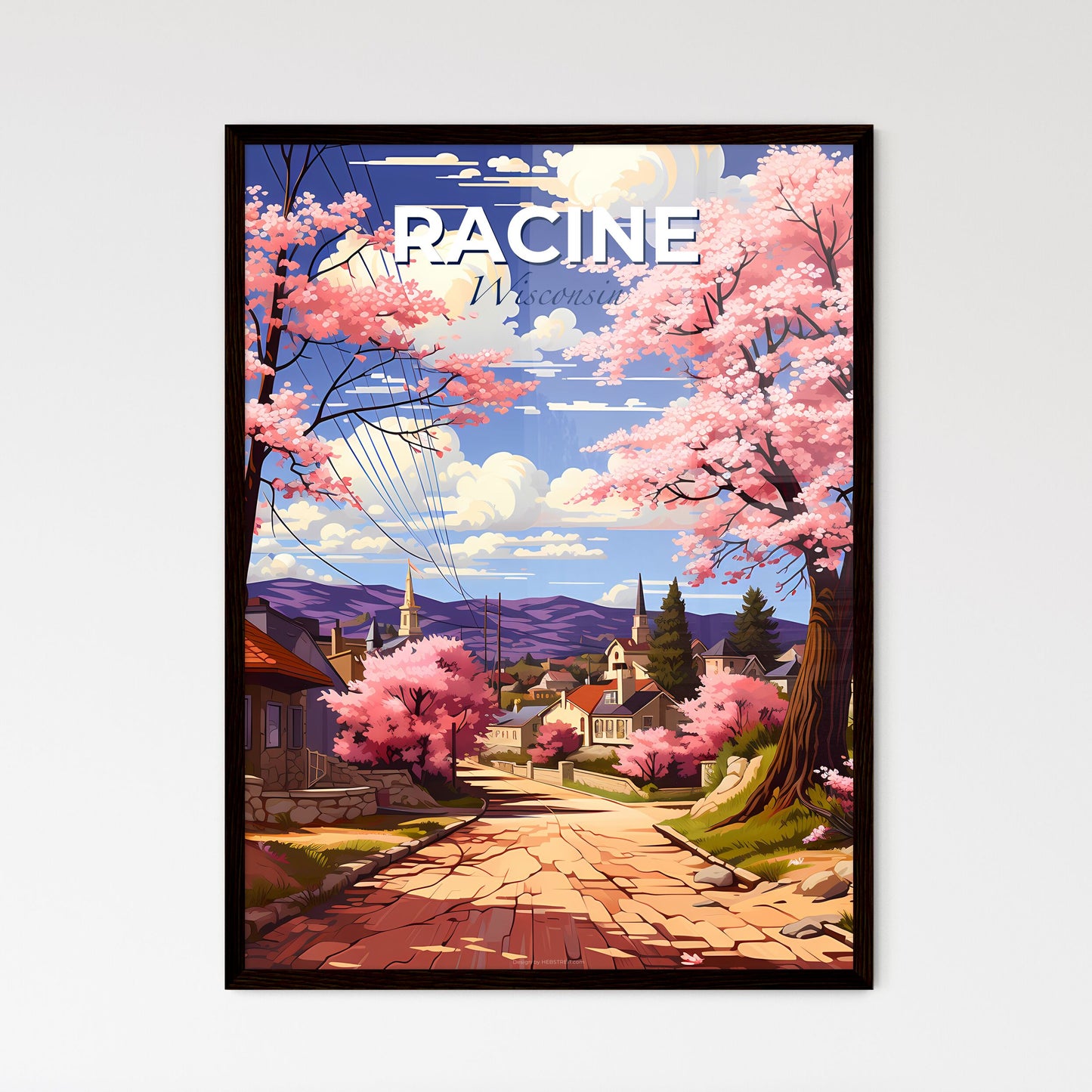 Racine, Wisconsin, A Poster of a road with pink trees and houses Default Title