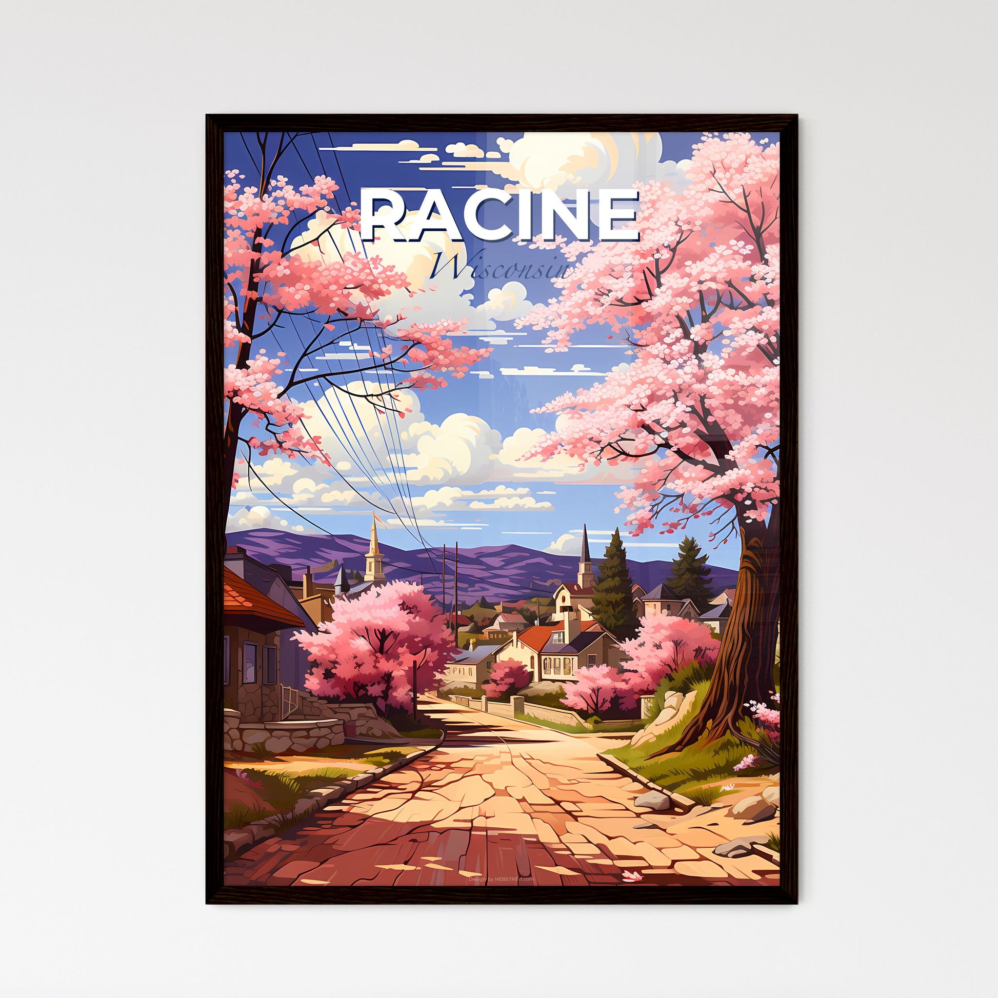 Racine, Wisconsin, A Poster of a road with pink trees and houses Default Title