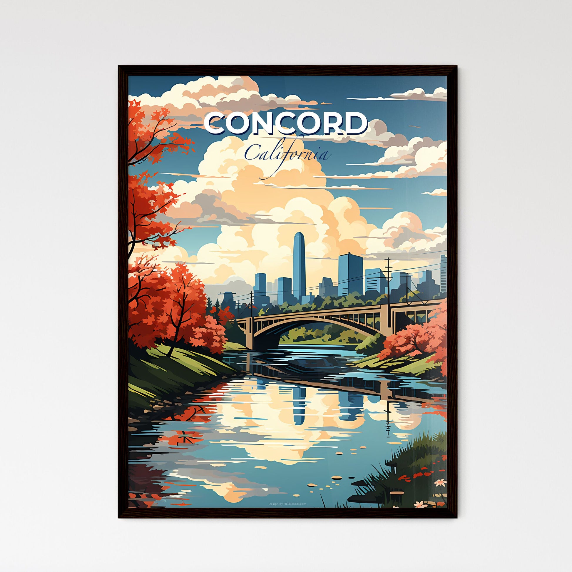 Concord, California, A Poster of a bridge over a river with red trees and a city in the background Default Title