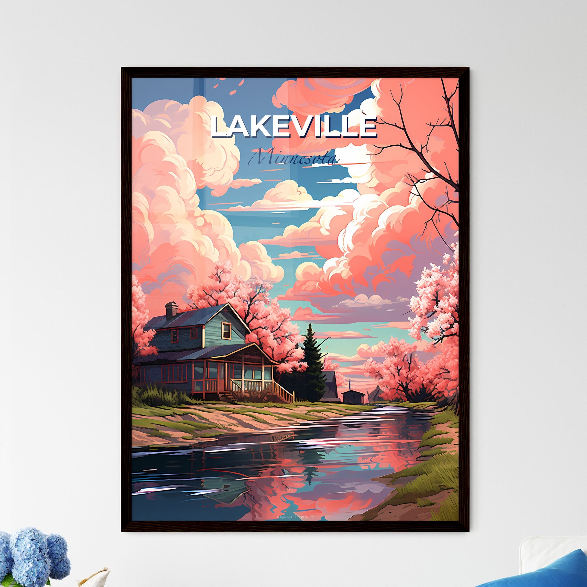 Lakeville, Minnesota, A Poster of a house by a river with pink flowers Default Title
