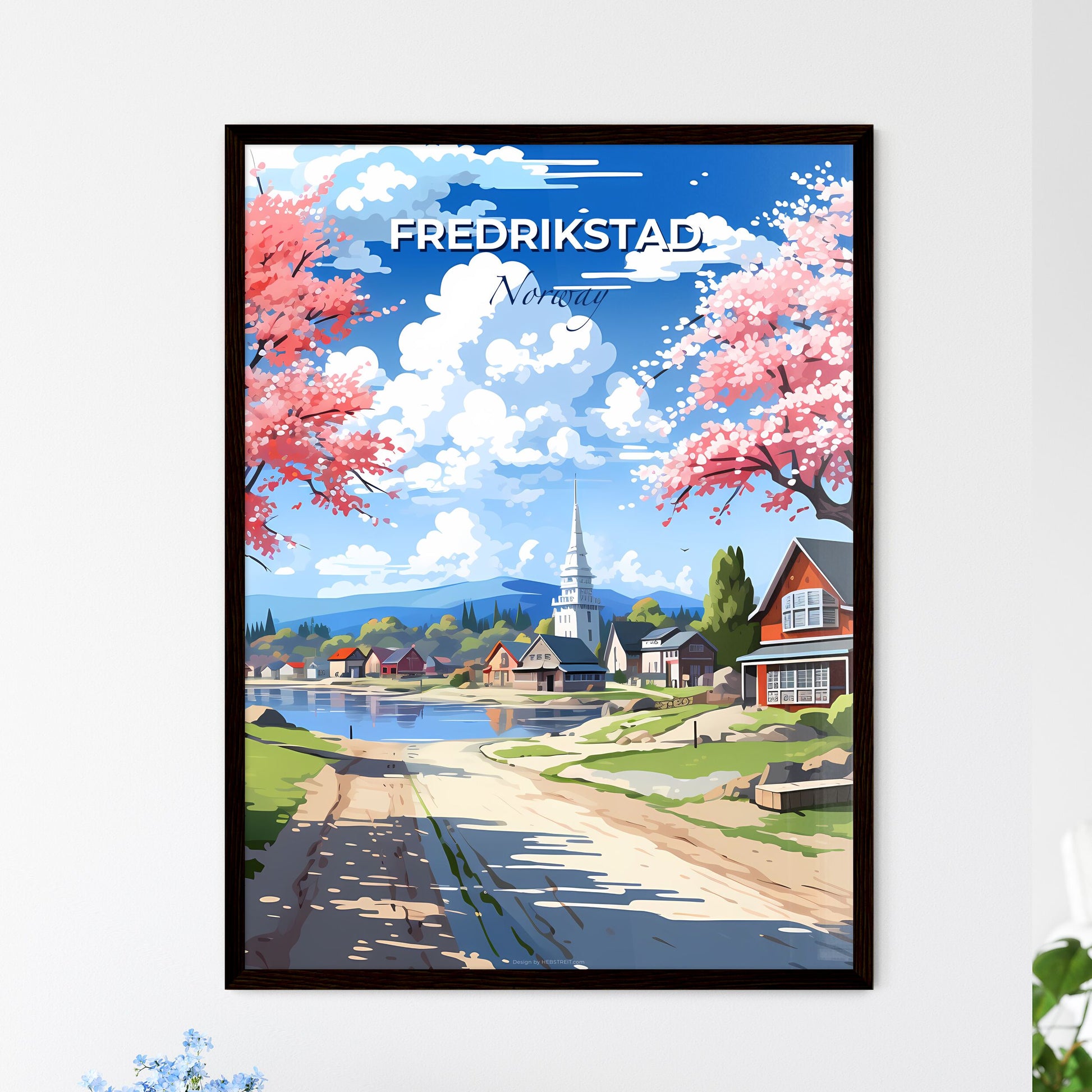 Fredrikstad, Norway, A Poster of a road leading to a lake with pink trees and houses Default Title
