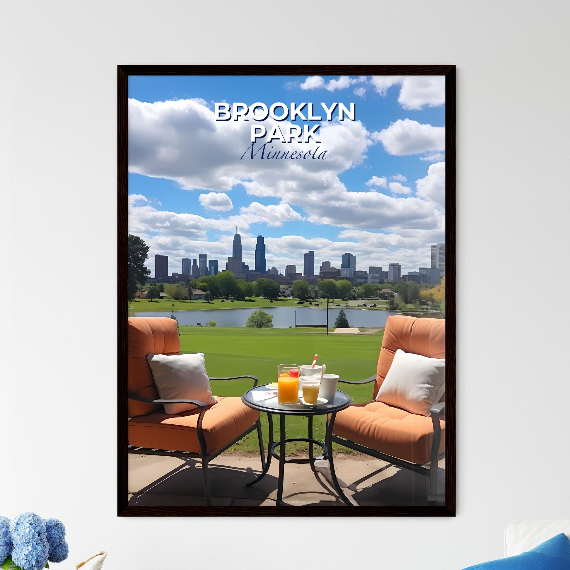 Brooklyn Park, Minnesota, A Poster of chairs and a table with drinks on it in front of a city Default Title