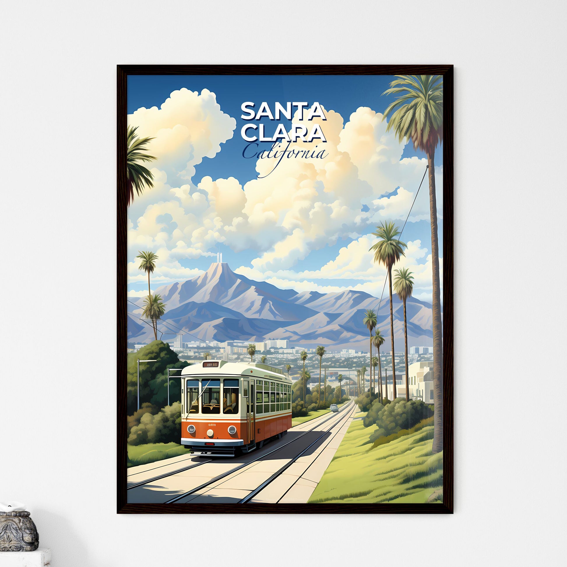 Santa Clara, California, A Poster of a trolley on a track with palm trees and mountains in the background Default Title