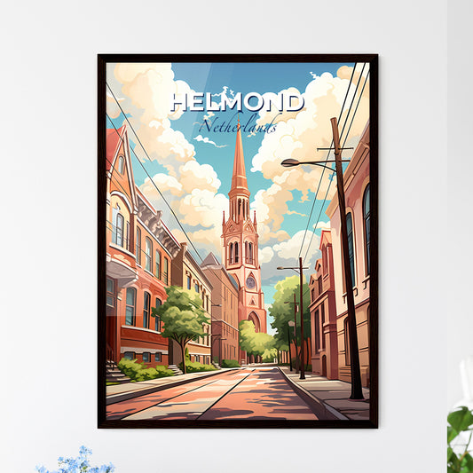 Helmond, Netherlands, A Poster of a street with a church tower and buildings Default Title