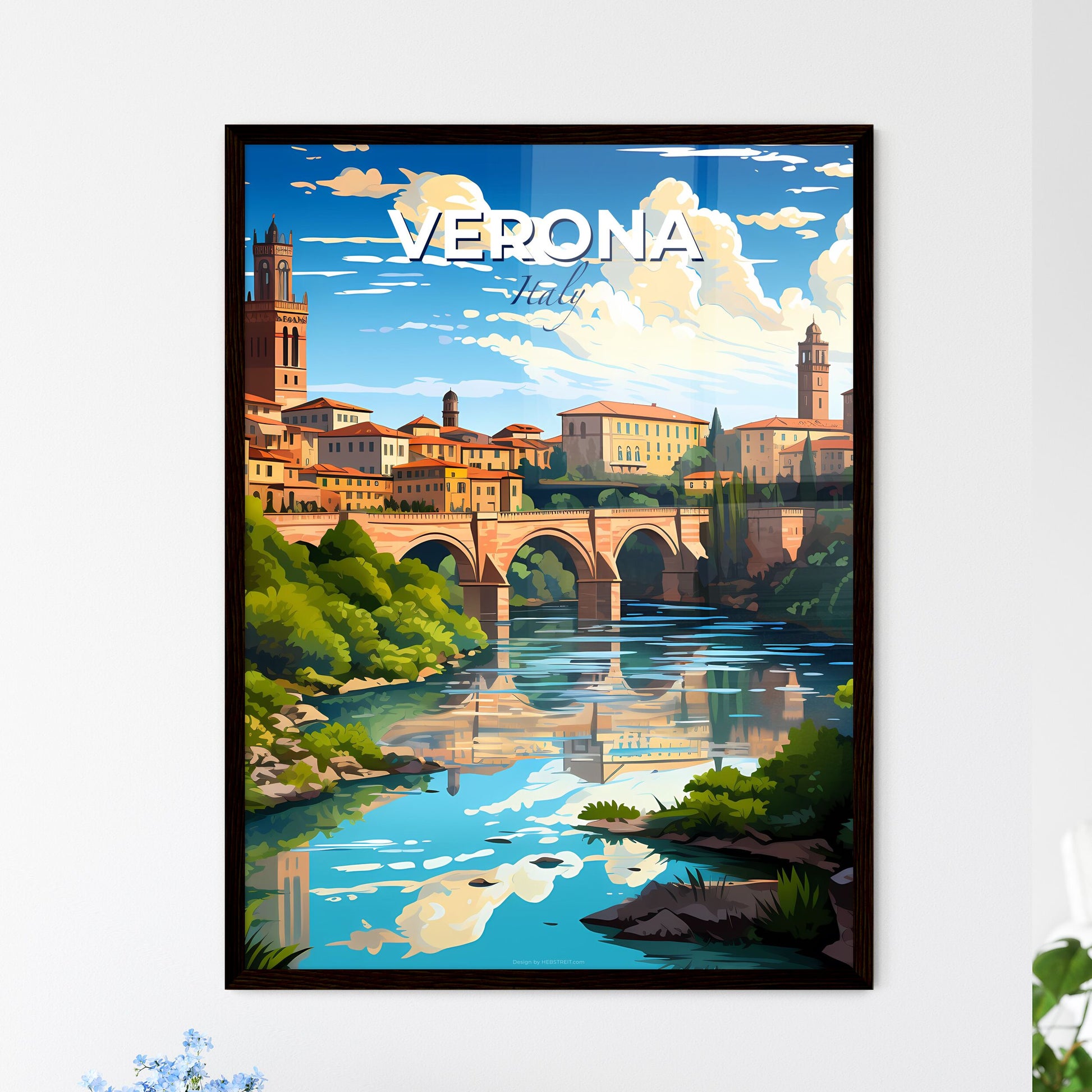 Verona, Italy, A Poster of a bridge over a river with buildings and trees Default Title