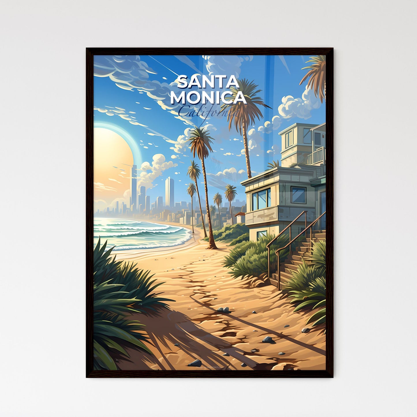 Santa Monica, California, A Poster of a beach with palm trees and a building Default Title