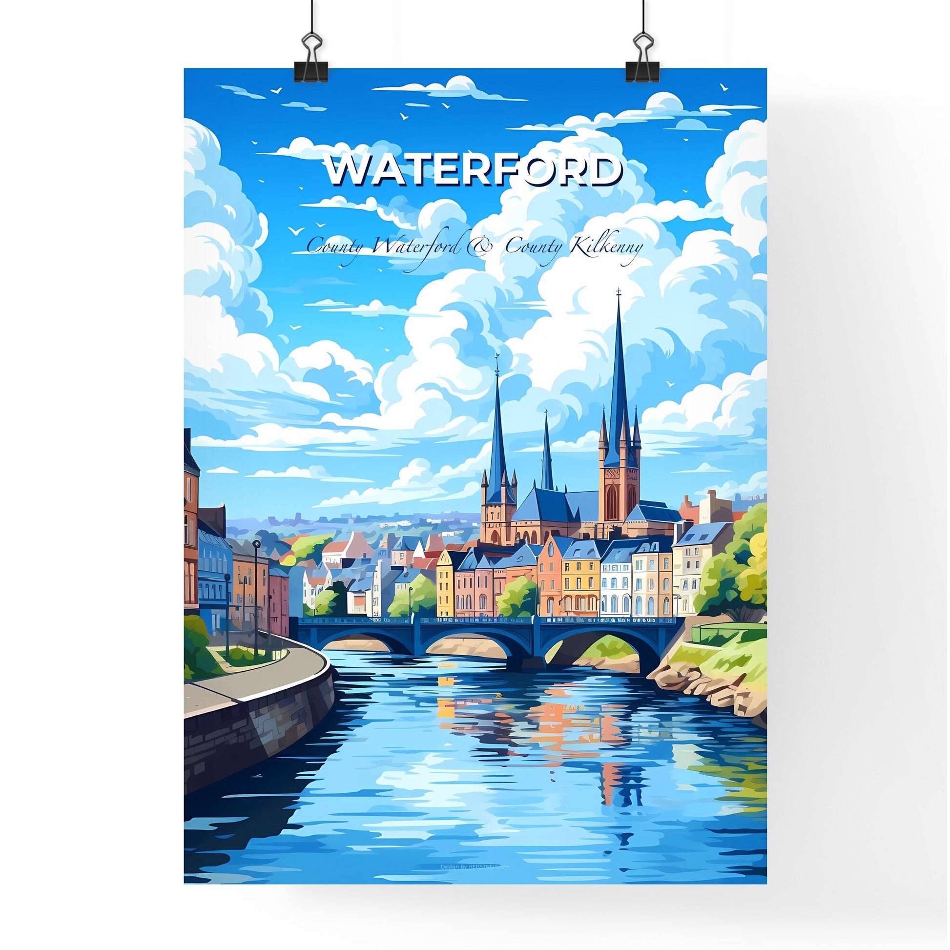 Waterford, County Waterford & County Kilkenny, A Poster of a river with a bridge and a city with towers Default Title