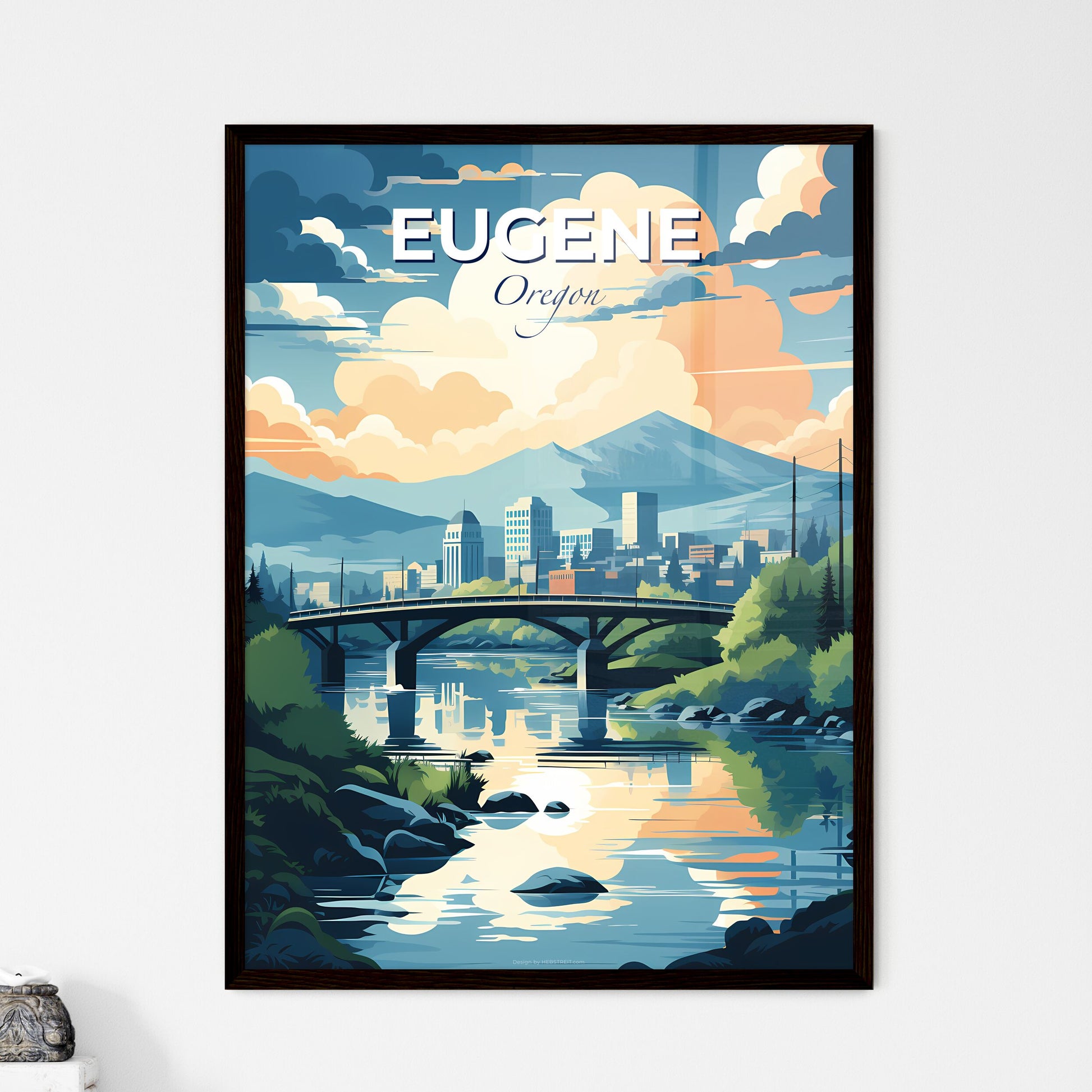 Eugene, Oregon, A Poster of a bridge over a river with trees and mountains in the background Default Title
