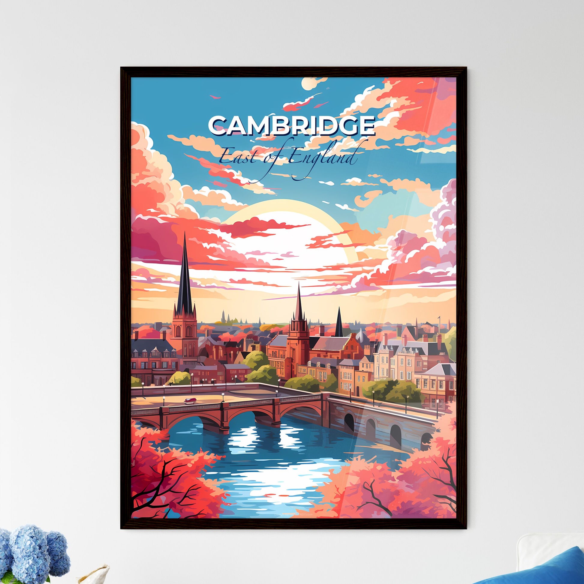 Cambridge, East of England, A Poster of a colorful city with a bridge and a river Default Title