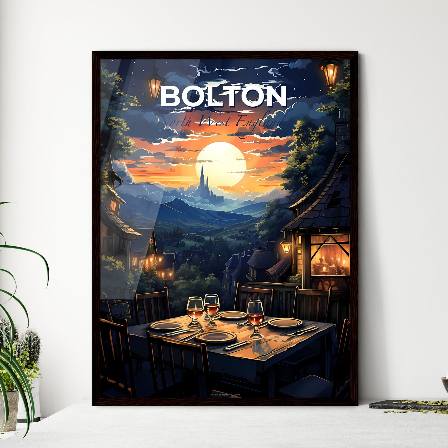 Bolton, North West England, A Poster of a table with wine glasses and a sunset in the background Default Title