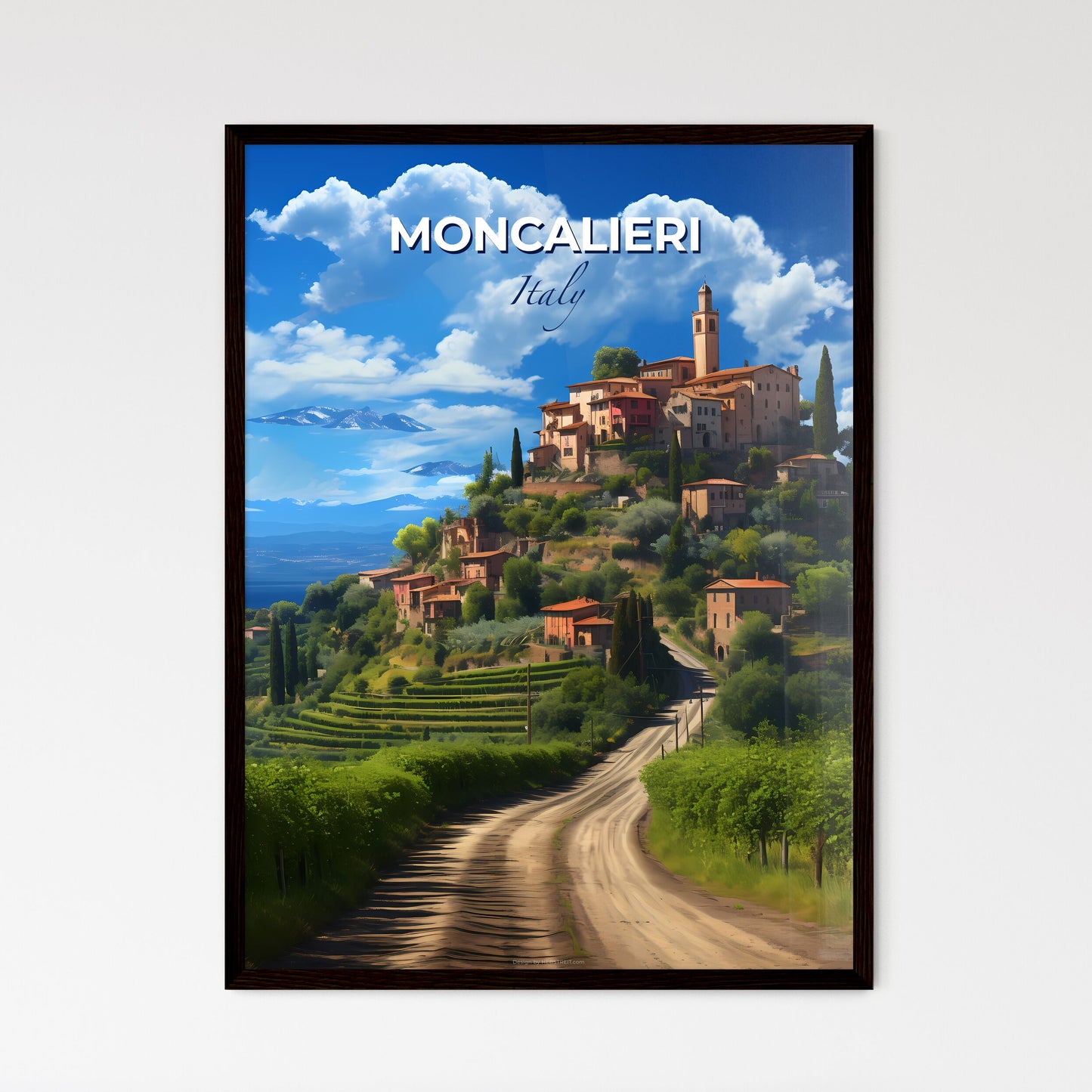 Moncalieri, Italy, A Poster of a road leading to a town on a hill Default Title