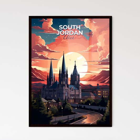 South Jordan, Utah, A Poster of a large building with towers and trees in front of a sunset Default Title