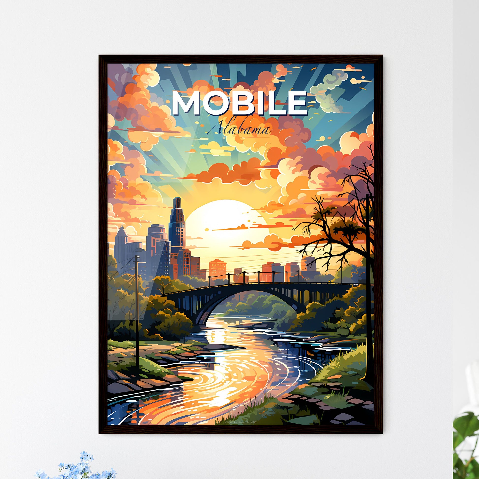 Mobile, Alabama, A Poster of a bridge over a river with trees and a city in the background Default Title
