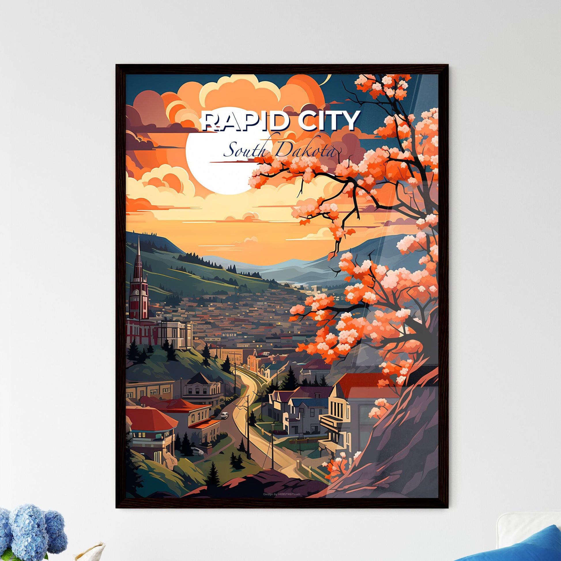 Rapid City, South Dakota, A Poster of a painting of a town with a road and a tree with pink flowers Default Title