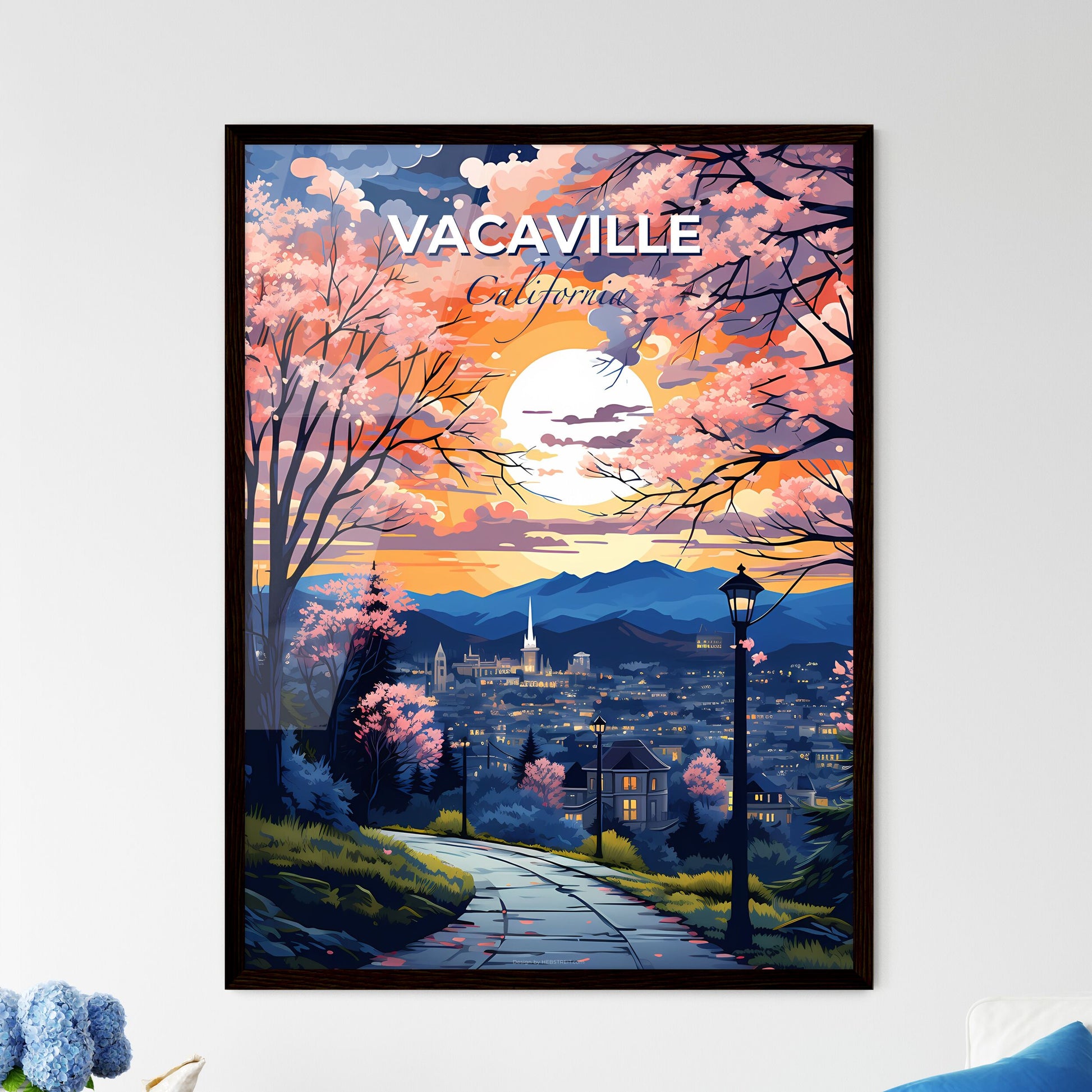 Vacaville, California, A Poster of a painting of a city with trees and a road Default Title